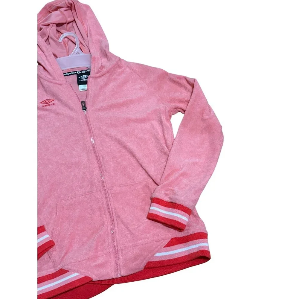 NWT Umbro Girls XL‎ 14/16 Hooded Track Jacket Pink Red Trim Terry Cloth Full Zip